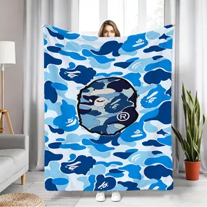 Blue Camouflage Ape Head Throw Blanket, Soft Flannel Throw Blanket, All Season Use, Warm Cozy Blanket for Bed Couch Sofa Office Camping, Multiple Sizes Available, Perfect for Trendy Urban Street Style Home Decor