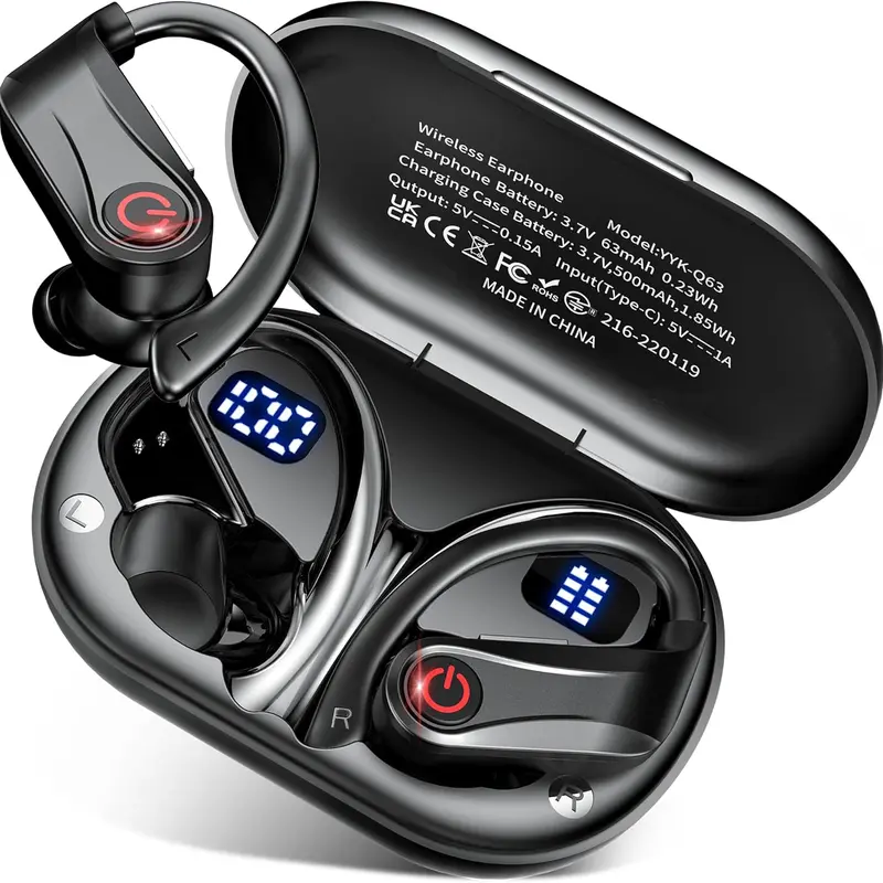 2026 Wireless In-Ear Bluetooth 6.1 Audio Electronic Headset, IPX7 Sweatproof Earphones with Chargeable Sports Earhooks, Fast Charging Case, Dual LED Display, ENC, Easy Buttons, Batteries Included, Multi Device Compatibility for Gym, Outdoor Use