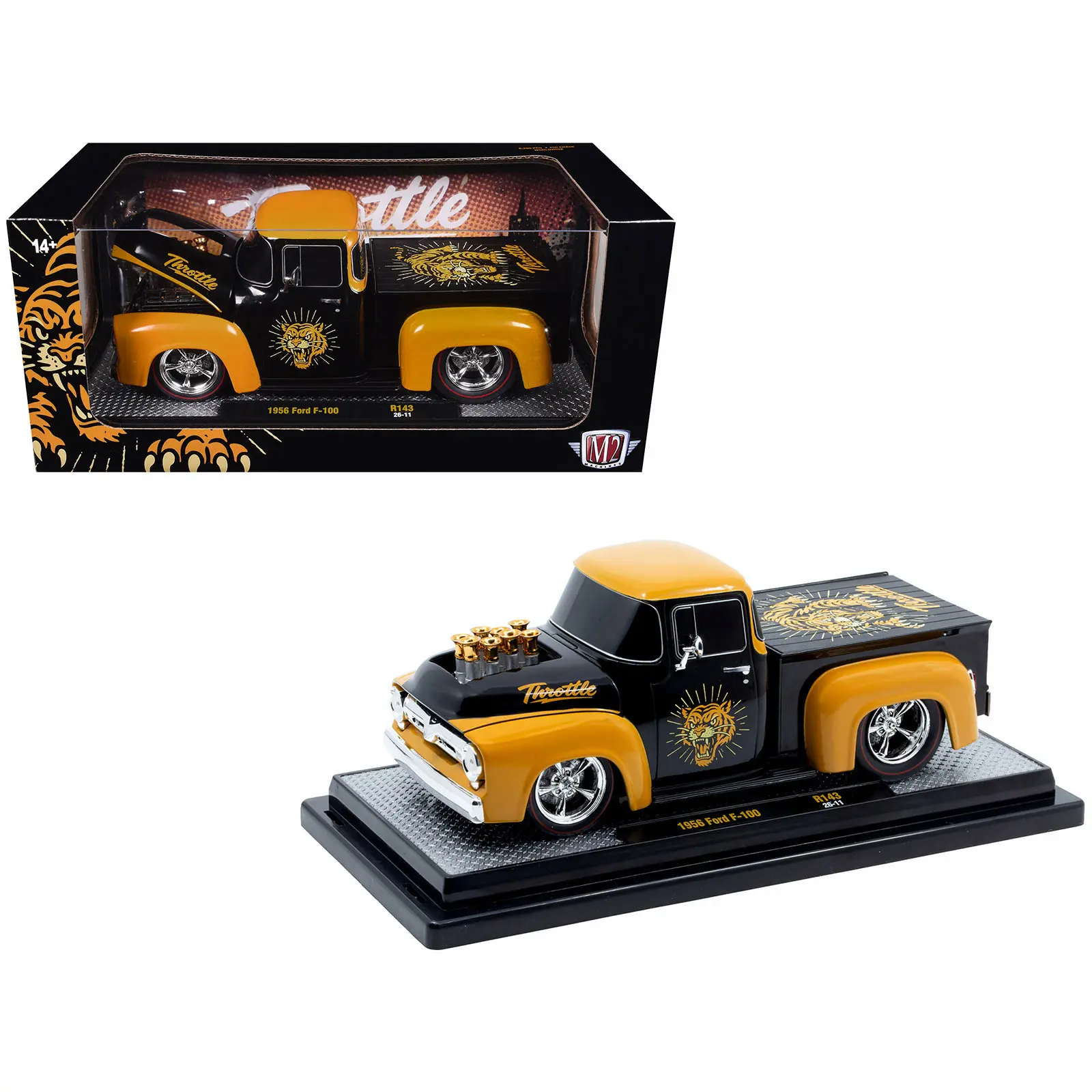 1956 Ford F-100 Pickup Truck "Throttle" Black with Brown Top and Fenders with Graphics 1/24 Diecast Model Car by M2 Machines