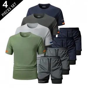 Men’s summer sports and casual quick-dry short-sleeve top and shorts set; solid-color short-sleeve athletic top; breathable, comfortable sportswear for outdoor activities like jogging; made from quick-drying, breathable ice silk fabric.