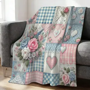 Charming Floral Patchwork Flannel Blanket, Soft Decorative Throw for Cozy Home and Office, Versatile Use, Ideal for Camping and Travel, Beautiful Multi-Pattern Design in Pink, Blue and White, Perfect Gift for All Seasons
