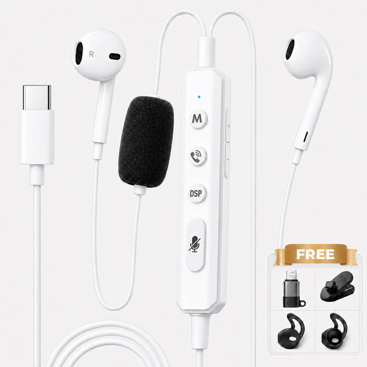 KM08 White Silicone Wired In-Ear Monitor Karaoke Headset with Mic, Real-Time Voice Monitoring, Built-in Sound Card for Sound Effects & Voice Changer, 2-in-1 Lightning Adapter Compatible for Stream, Recording, TikTok