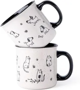 22 oz Large Ceramic Coffee Mugs Set of 2, Oversized Mugs with Large Handle, Textured Dog and Cat Pattern, Microwave Safe, Coffee Cups for Home and Office