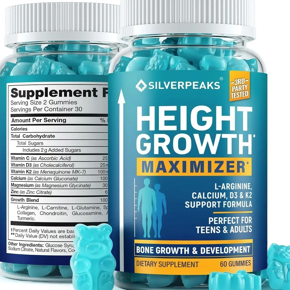 SILVERPEAKS Height Growth Gummies for Kids, Teens & Adults - Height Growth Maximizer Supplement with Calcium, Vitamins D3 & K2, Magnesium, Zinc for Bone Strength & Height Increase - 60 Gummy Chews