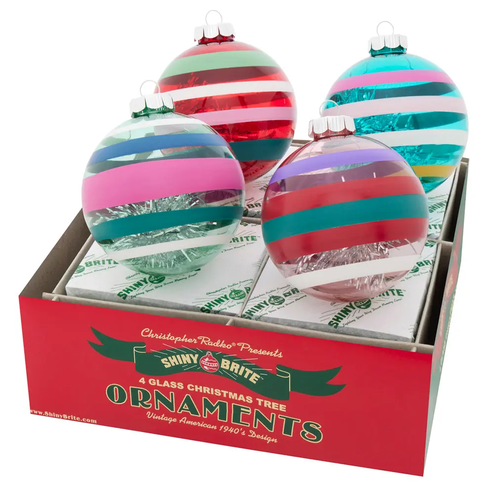 VIVID VINTAGE 4-Count 4" Decorated Round Tree Ornaments, Home & Festive Party Decor with Silver Tinsel That Adds Sparkle, Decoration