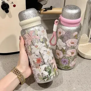 Premium Floral Insulated Water Bottle - Titanium Coated Portable Cup, Elegant Gift for Ladies