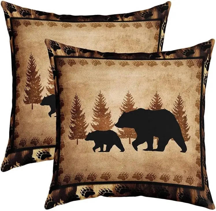 Feelyou 2-Piece Set Custom Bear Couch Cushion Covers - Soft Fabric, Zippered Edge, Fade-Resistant Polyester, Animals-Themed Pillowcases for Rustic Cabin Home Accent Decor