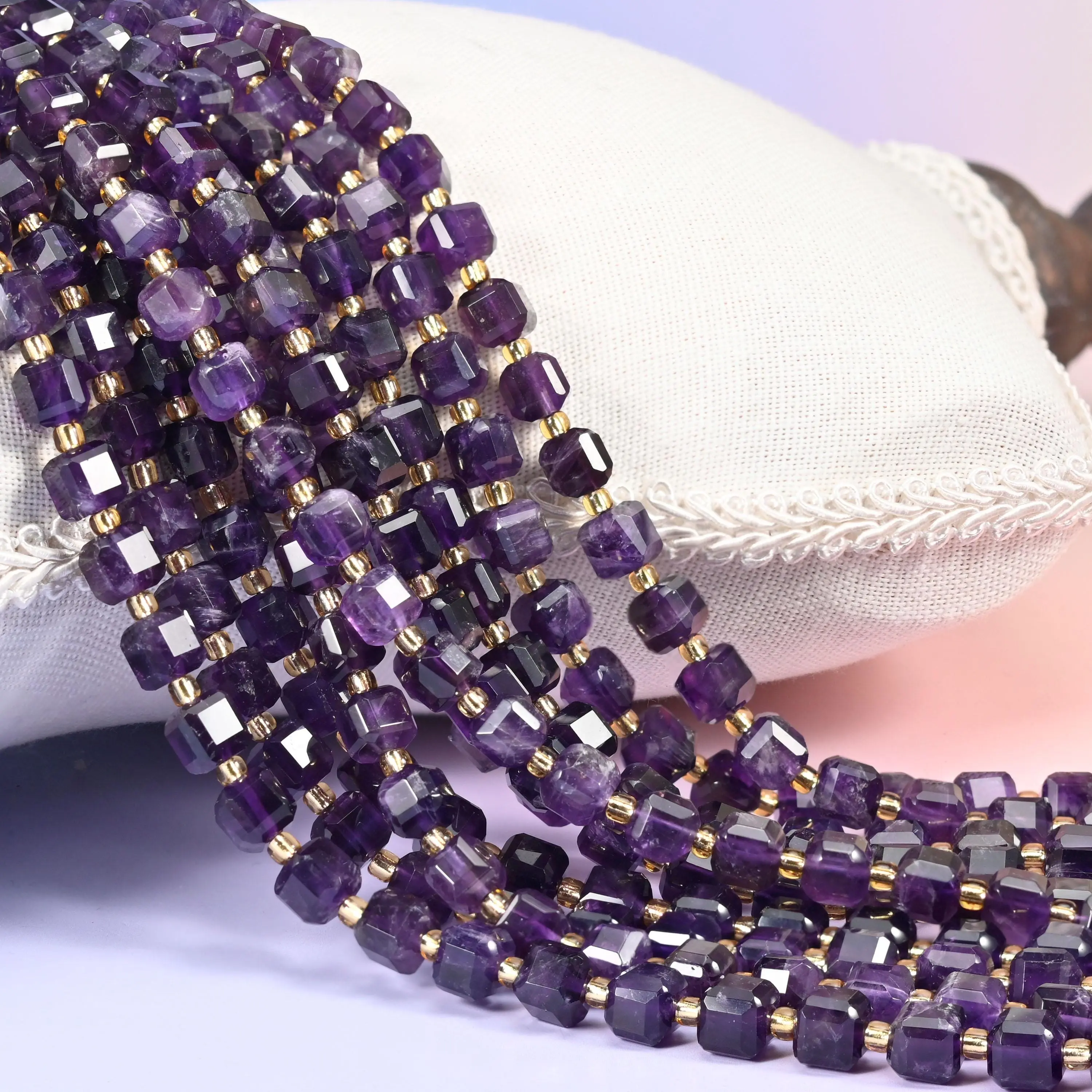 Faceted Cut Center-Drilled Dark Amethyst Cube Beads - 6mm, 8mm Sizes, Precision-Drilled, 15in Strand for DIY Beading, Jewelry Making