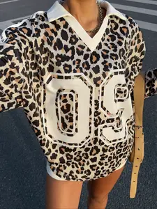 Autumn Winter New Plus Size American Retro Casual Collar Leopard Print Graphic V-Neck Long Sleeve Women's T-Shirt, Tee, Loose-Fitting Short Clothing