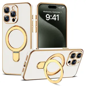 Compatible with iPhone Case with Magnetic Ring Stand [Compatible with Mag-Safe] [Full Camera Lens Protector] Soft Plating Phone Case for iPhone