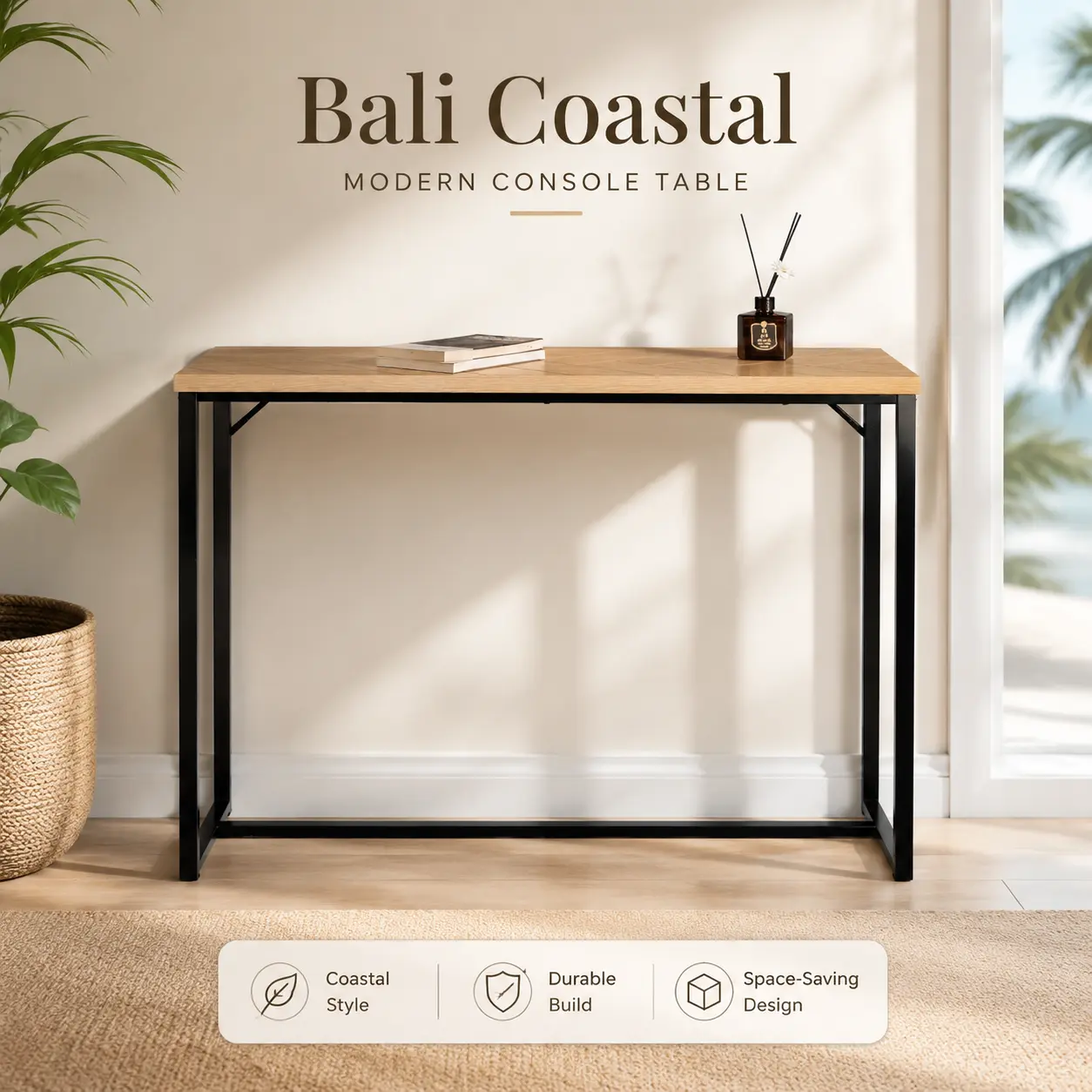 littleox Bali Coastal Modern Console Table Natural Wood Top with Black Metal Legs