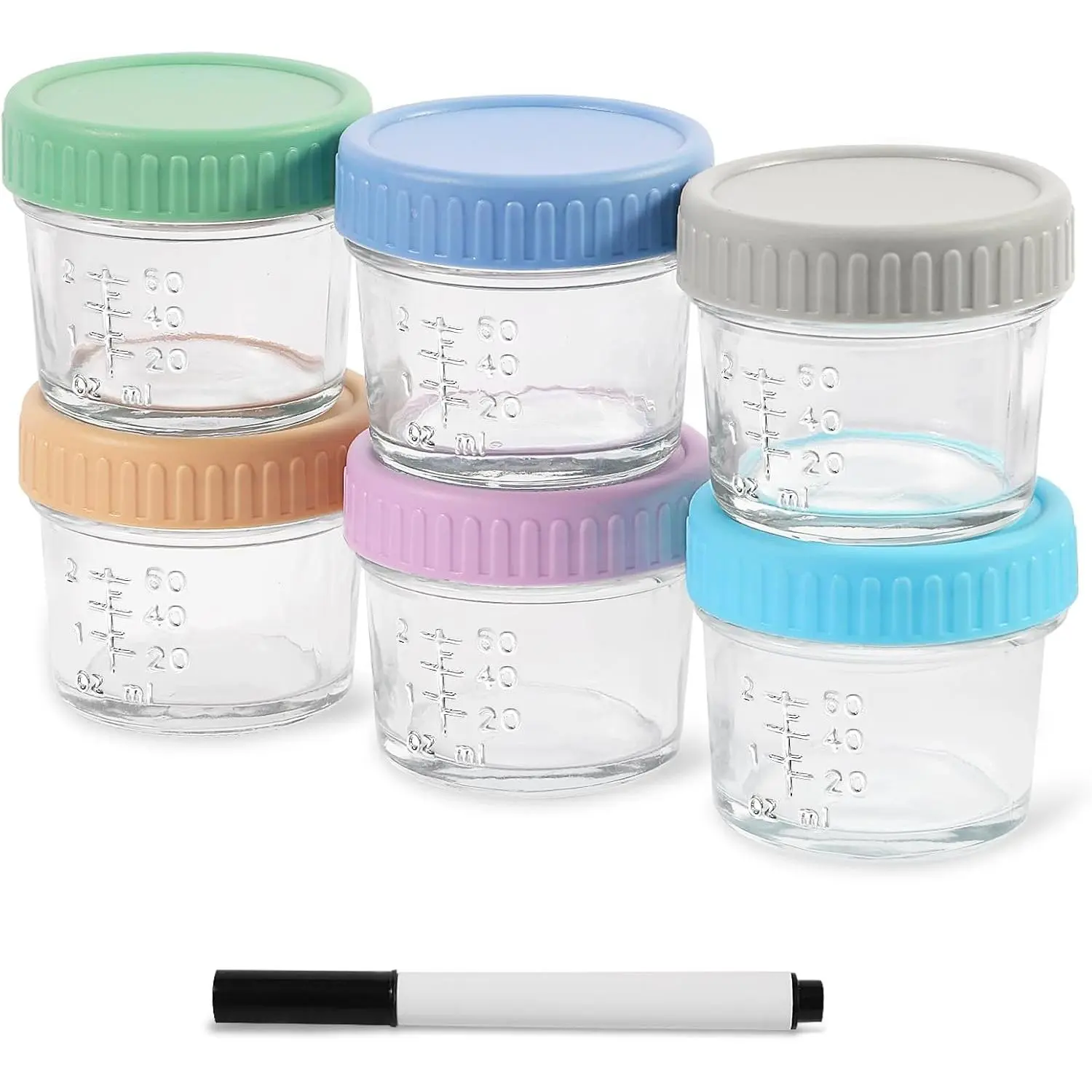 QUSEVOO 6-Pack 4 oz Glass Food Storage Jars - Detachable Lid, Microwaveable Cup, BPA-Free Plastic Bases, Reusable Marker, Stackable, Freezer-Safe, Compact Reusable, Multi-Color Identification, Detachable Lid Jars, Microwaveable Cup Jars