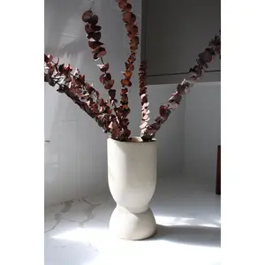 White Flower Vase – Modern Dried Flower Display with Wood Base