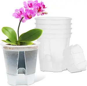 Pots 6 inch Set of 5, Self Watering Pots for Indoor Outdoor, Self Watering Planters Flower Pots with Drainage Hole and Saucer Reservoir (Clear)