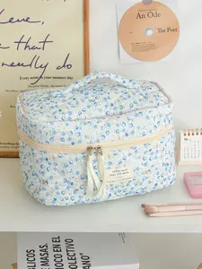 Blue Floral Print Makeup Bag, Makeup Organizer Pouch, Travel Cosmetic Bags, Soft Corduroy Cosmetic Storage, Large Capacity Travel Set, Handheld Wash Bag, Perfect Gift for Women