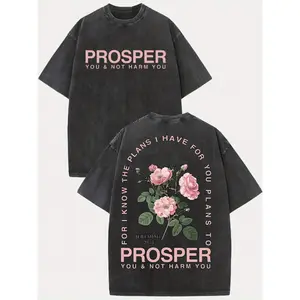 Men's Vintage Christian Bible Verse T-Shirt, Jeremiah Scripture "Prosper You & Not Harm You" Floral Accent Design, Light Grey Soft Pink Washed Tee, Drop Shoulder Oversized Fit, Retro Faith Streetwear, Soft Casual Religious Graphic Top for Daily Wear, Shor