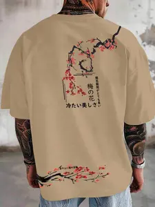Men's Cherry Blossom & Letter Print Round Neck Graphic Tee, Loose Casual Short Sleeve T-shirt for Summer, Men's Top for Daily Wear, Menswear, Casual Stylish Tee
