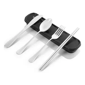 5-Piece Portable Stainless Steel Utensil Set with Carrying Case Reusable Fork Spoon Kit for Travel Picnic Camping Lunch Box Men Silver Finish Dishwasher Safe Lightweight Sharp Clean