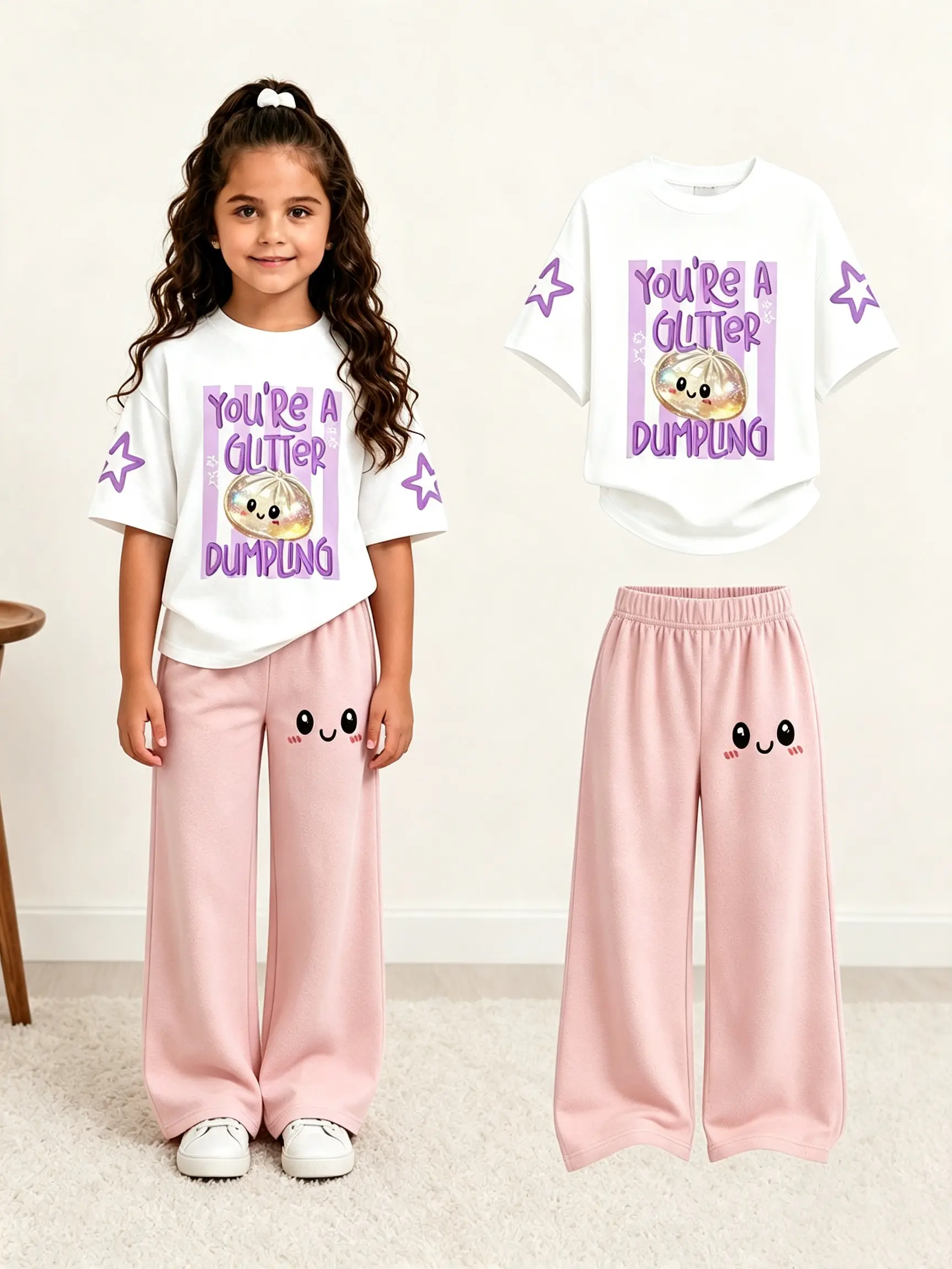 Little Girls' 2-Piece Casual Loungewear Set - Printed Short-Sleeve T-Shirt & Comfortable Wide-Leg Pants with Cute Dumpling Pattern