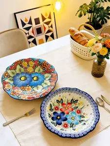 8.5 Inch Large Capacity Ceramic Soup Plate, Hand-Painted Underglaze Retro European Style Colored Dinner Plate, Microwave & Dishwasher Safe Household Kitchen Tableware for Pasta Salad Stew Daily Serving