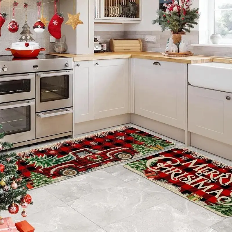 2pcs Christmas Kitchen Floor Mat Set, Christmas Kitchen Rug Set 2-Farmhouse Truck Red Buffalo Plaid Christmas Kitchen Decor, Perfect for Kitchen, Home Office, Laundry Room, Bathroom-Eternal Farmhouse Decor