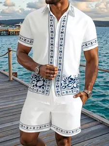 Summer Fresh Tropical Ethnic Cultural Aesthetic Style Set, Blue Wave Print Breathable Shirt Shorts, Men's Commuter/travel Casual Two-Piece Set, Menswear