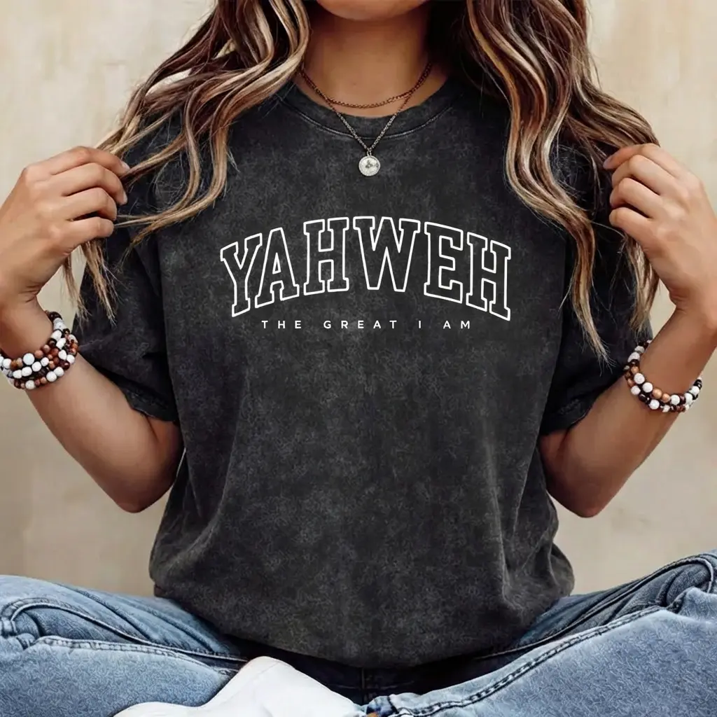Men's Yahweh The Great I Am Christian Streetwear Graphic T-Shirt - Top, Cotton Fabric, Short-Sleeve, Varsity Font, Acid Wash, Vintage, Oversized, Casual, Unisex, Everyday, Easter