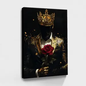 Minimalist Golden African Americans Man In Suit Crown Red Rose With Gold Crown Modern Surreal Artistic Stylized Style Wall Decor Poster For Room Wood Framed Canvas Painting Photo Ornaments Artist Gifts 1pc