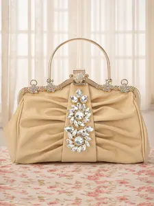 Pleated PU Ladies Evening Bag Clutch, Chain Strap Clutch, with Rhinestone Flower Large Rhinestone Decorated Handbag Handheld Bag with Shoulder Chain Replaceable Crossbody Bag with Flower Decorated Lock Clasp, Suitable for Wedding, Party, Prom