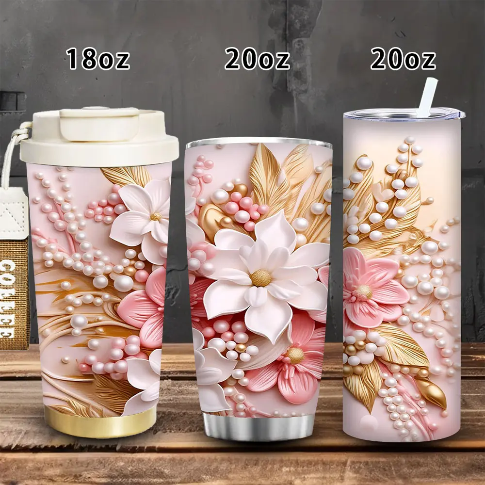 1pc Elegant Floral Pearl Vacuum Flask Tumbler - 18oz/20oz, Insulated Travel Mug with Lid and Straw, Winter Iced/Hot Coffee Cup, Gift for Women (Ideal for Valentine’s Day, Birthday), Flasks