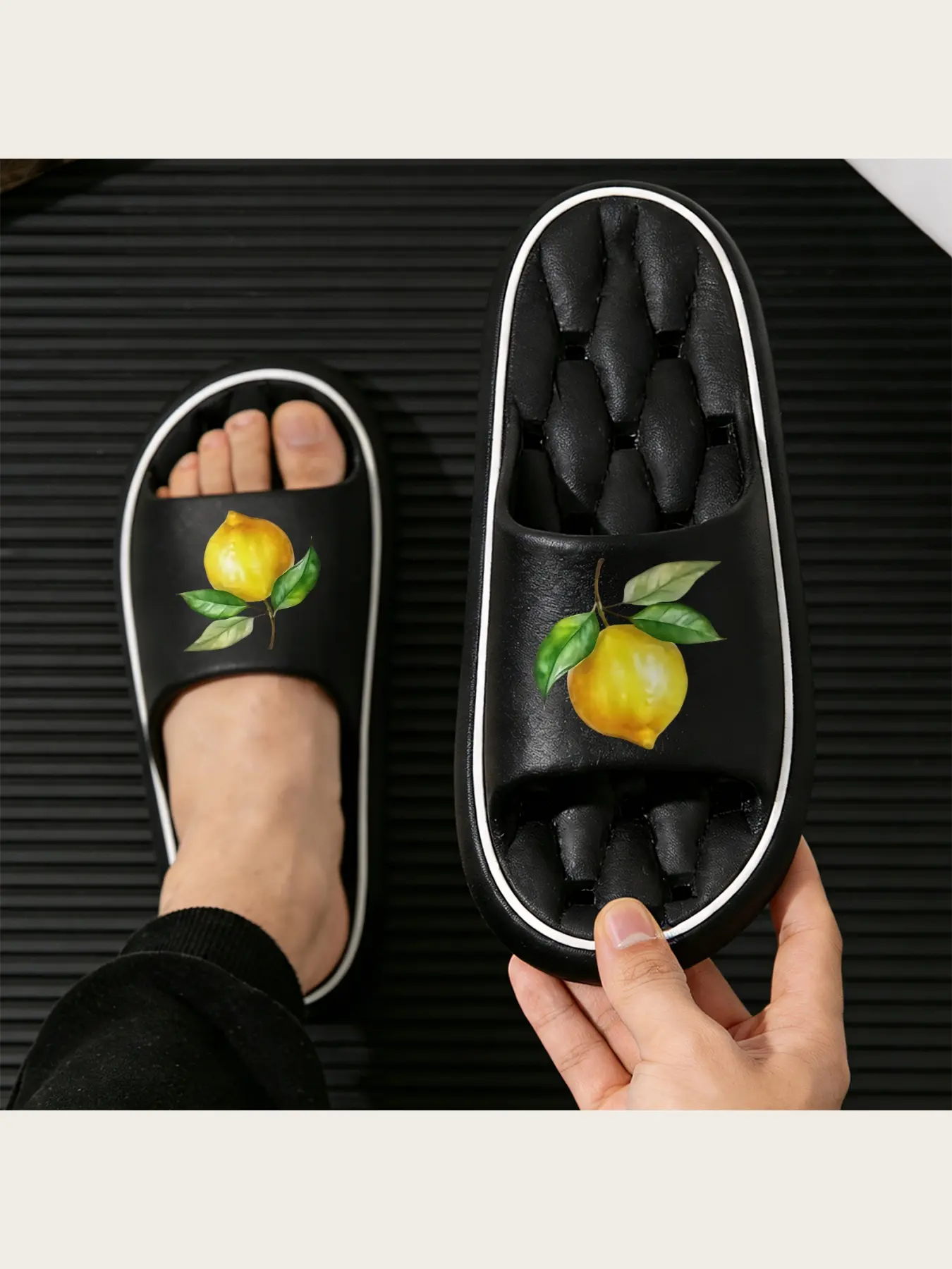 Women's Summer Lemon Print Slippers Non-Slip Soft Sole Open Toe Casual Beach Sandals Lightweight Comfortable Indoor Outdoor Home Garden Shoes For Ladies Girls