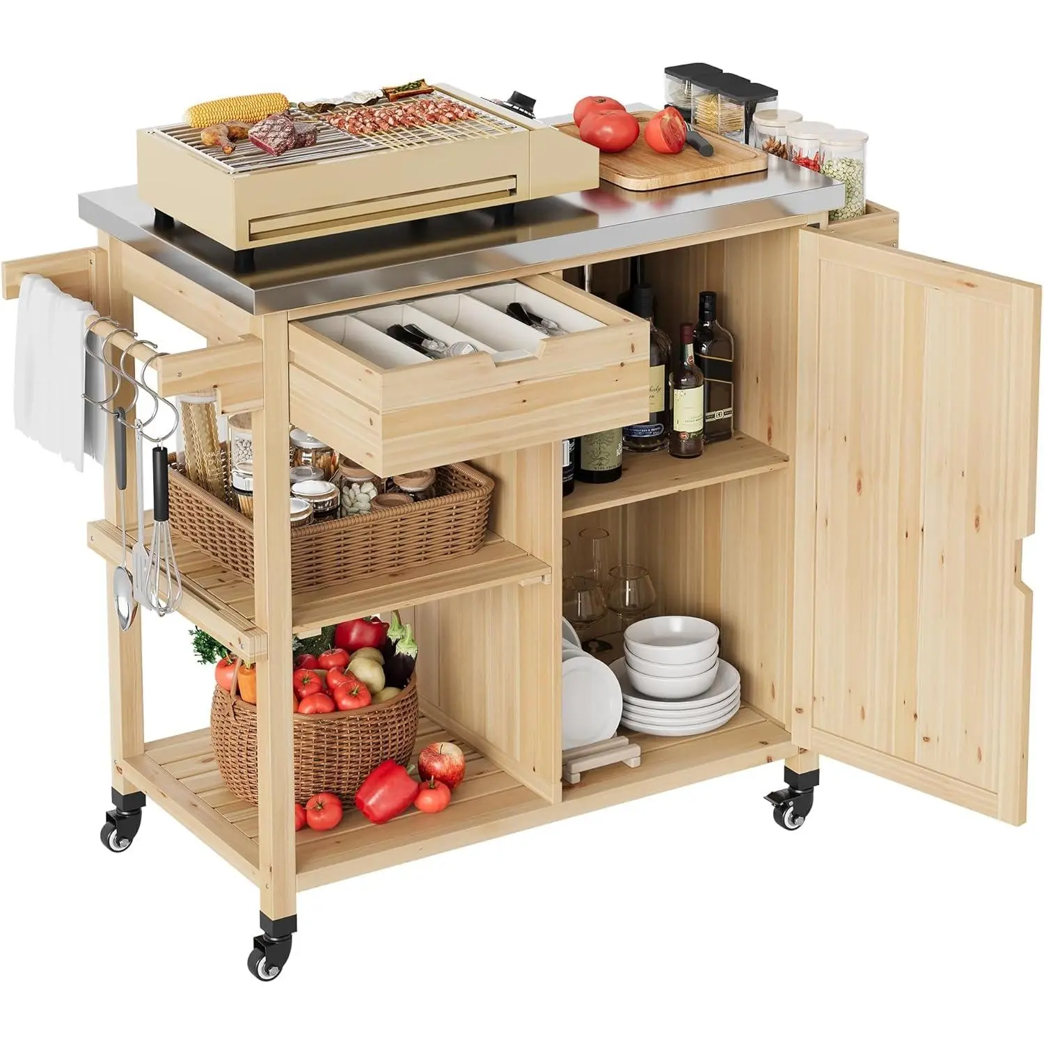 GARVEE Outdoor Stainless Steel Top Grill Cart with Wheels, Wooden BBQ Prep Table Organiser with Drawer & Open Shelves, Portable Rolling Kitchen Island, Racks