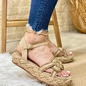Manu/ Sandal Bajita for Dame Embroidered - Beige Braided Design Women's Footwear