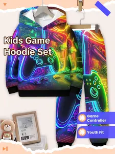 New Fashion Game Sport Set, Cool Gaming Controller Print Sweatshirt Pants Two-Piece, Boys Ages 5-14, Casual Style