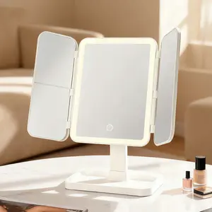 Zero Home 3-Sided Folding LED Makeup Mirror with Dimmable Light Modes, 6cm Height-Adjustable Stand, 270° Swivel, High-Clarity Surfaces, Detachable Cosmetic Jewelry Storage Tray, Travel-Friendly for Home & Hotel Use outdoorfun