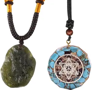 Moldavite Czech Meteorite Glass Raw Rough Moldavite Necklace and Orgone Merkaba Metatron Cube Pendant Necklace(Set of 2)