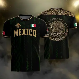 100% Cotton Mexico National Team Soccer Jersey, 2026 World Cup El Tri Football Fan Shirt, Aztec Mayan Tribal Eagle Mexican National Emblem Print, Breathable Full Cotton Crew Neck Sports Jersey Casual Streetwear Supporter Tee For Men