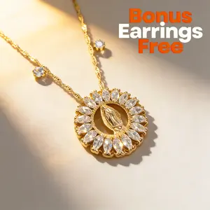 Two-piece 14K gold-plated pendant necklace set, with an 18-20 inch adjustable chain, women's jewelry set, Virgin Mary Catholic design, elegant vintage style necklace, comes with a beautiful gift box.