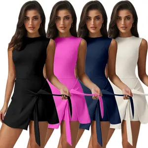 Women's Two-Piece Workout Dress with Tie-Back Detail High-Waisted Yoga & Tennis Skirt Stretchy Polyester-Spandex Blend Black All-Season Fitness & Casual Wear Sleeveless Solid Color Sports Dress