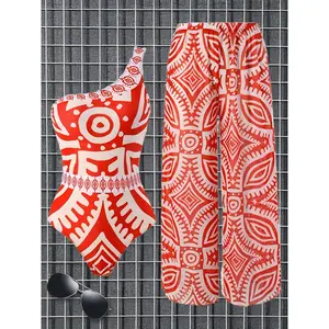 [Vibrant Swimsuit] Vibrant Orange High-Stretch Women's One-Piece Swimsuit |   Backless Geometric Print with High-Waisted Cover-Up Pants - Polyester Blend, Perfect for Beach VacationsTiktok shop