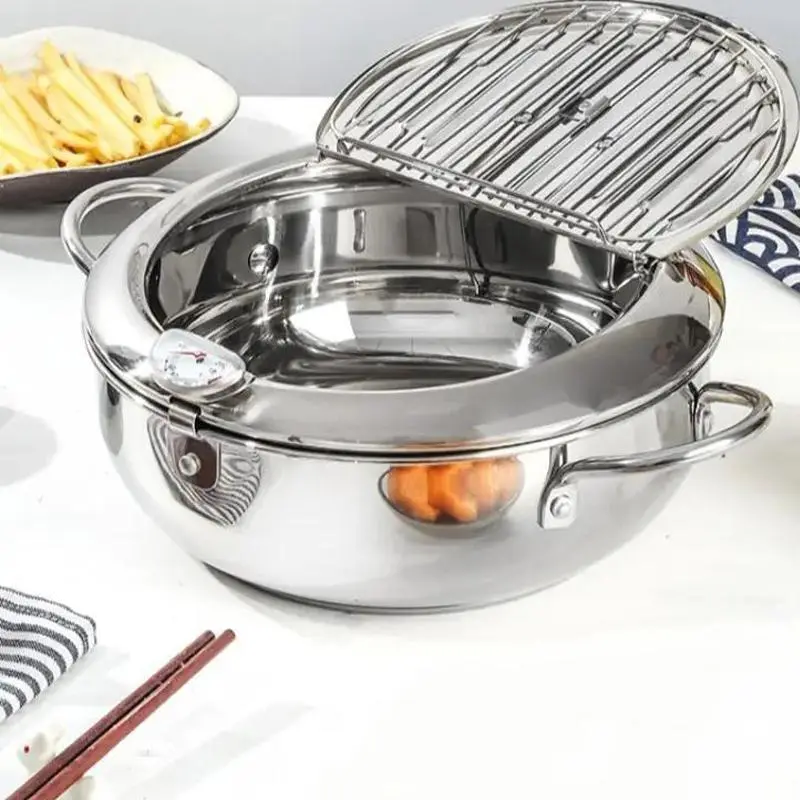 304 Stainless Steel Deep Fryer Pot with Thermometer Lid, Japanese Tempura Frying Pan for Chicken Fried Food, New Year Festival Use