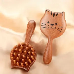 Tuscan Wood Massage Comb, Creative Cartoon Cat Design, Scalp Massager, Anti-Stress Coarse Teeth Brush, Smooth Bristles, No Hair Catching