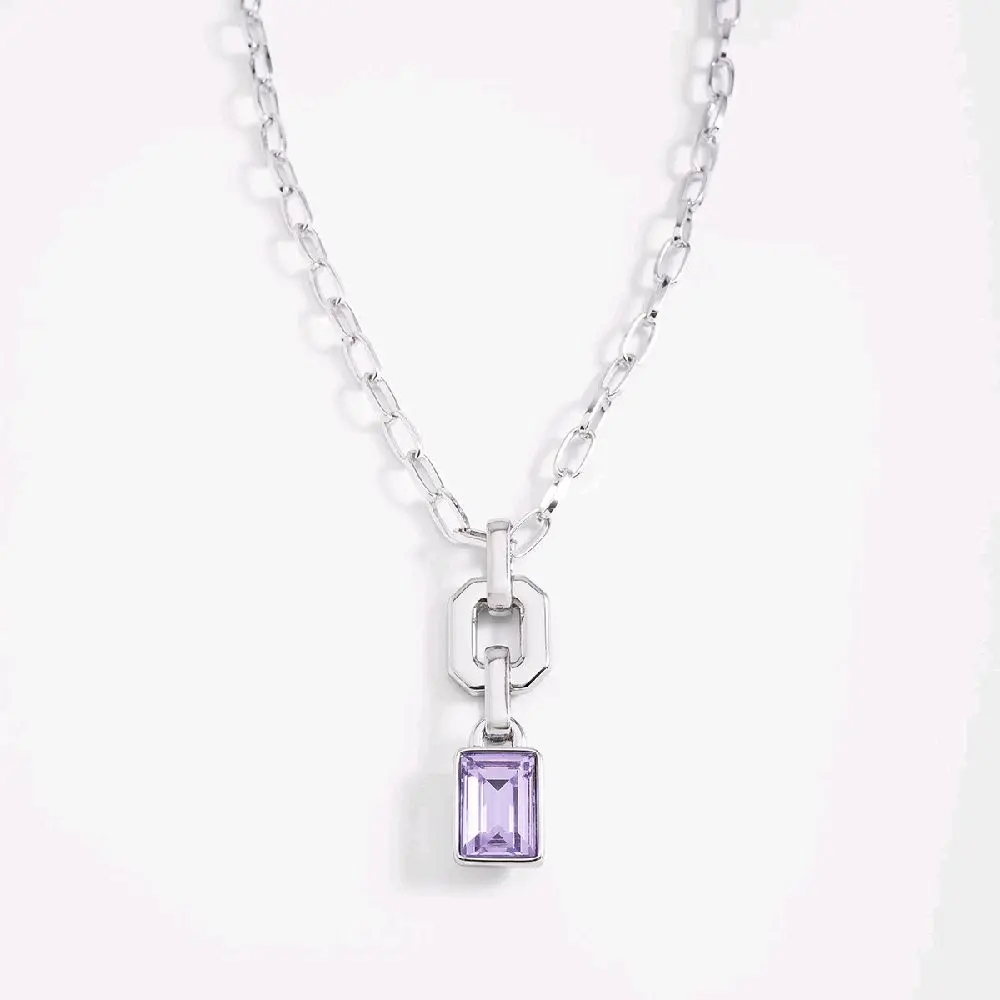 Rhodium plated necklace with link and lilac stone 42 cm + 10 cm ext