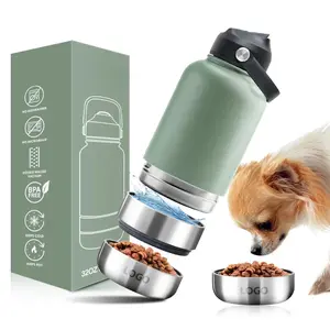 Custom 3 In 1 Style 32oz Portable Stainless Steel Pet Feeder Outdoor Travel Bowl Insulated Dog Water Bottle