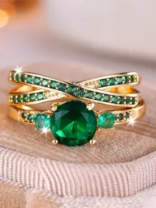 Luxury Female SyntheticCrystal Green Zirconia Stone Round Engagement Ring Set Vintage Yellow Gold Color Wedding Jewelry For Women