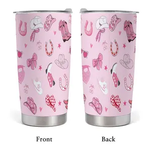 Western Chic 40oz Tumbler, Coastal Cowgirl Design Cup, Western Cowboy Theme Tumbler, Pastel Pink Aesthetic Travel Cup, Stainless Steel Cup, Gift for Her, Kitchen Drinkware, 20oz Double Silver Edge Tumbler