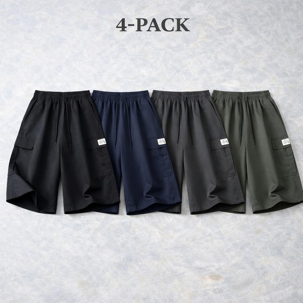 5-pack men’s cargo shorts for summer—loose fit with elastic waistband and drawstring, large side pockets and patch details, windproof breathable fabric, made from wear-resistant material; ideal for casual summer outdoor wear and a wardrobe essential for s