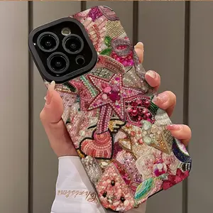 Embroidery Pattern Phone Case, Cute Phone Protective Cover, Phone Accessory Compatible with iPhone 16 15 14 13 12 11 Plus Pro Max, Casing