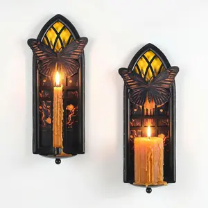 Gothic Wall Candle Sconces Set of 2, Butterfly and Moon Iron Wall Mounted Candelabra Holder with Removable Trays for Taper & Pillar Candles, Romantic Garden & Boho  Decor