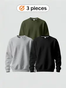 Men's autumn and winter round-neck hoodie 3-piece set, Sweatshirts, classic and simple style, soft and warm, casual and laid-back boyfriend style outfit, Black Friday bestseller, can be worn alone or as an inner layer, Christmas, Give a gift